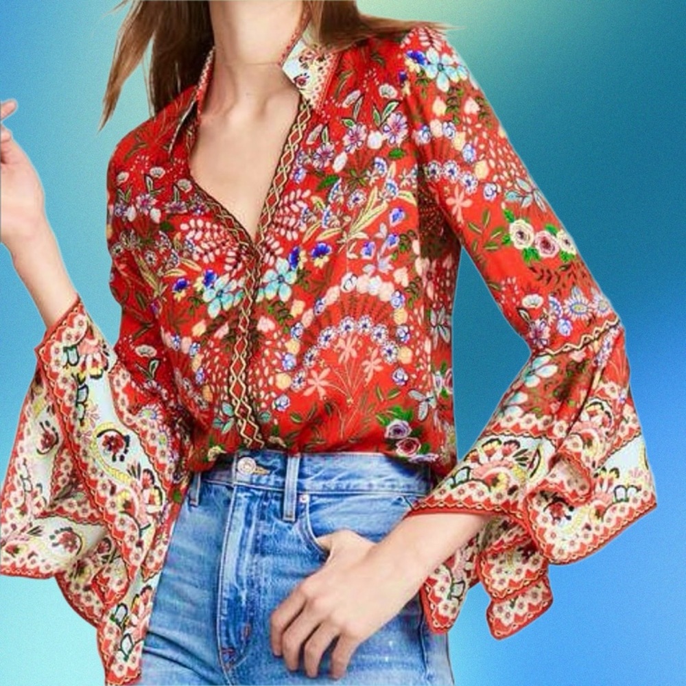 alice + olivia • randa trumpet sleeve blouse wildflower bright poppy red s